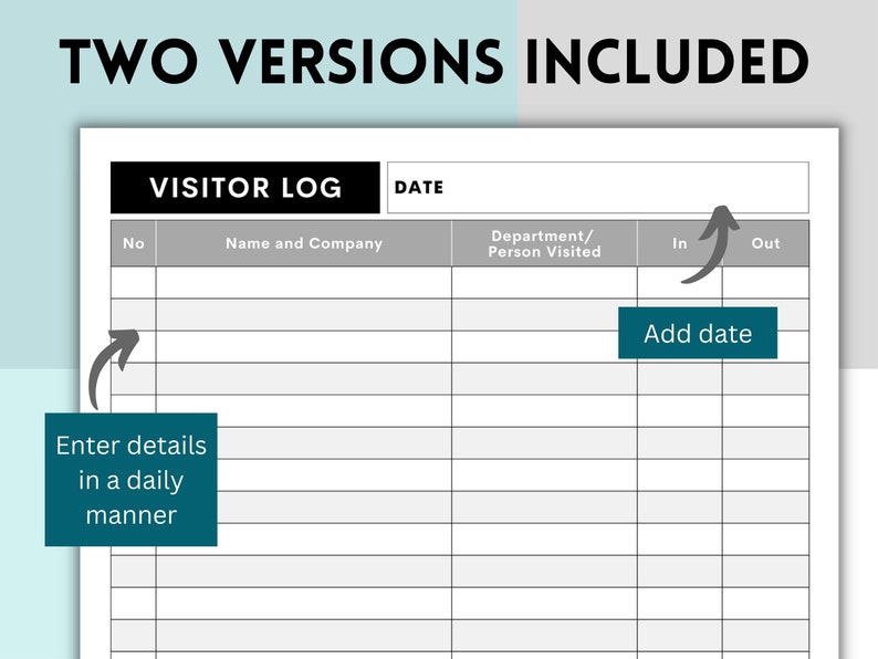 Printable Visitor Log, Visitor Sign in / Sign Out Sheet, Visitation Log