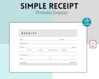 Simple Printable Receipt Form, Small Business Receipt, Sales Receipt Template for Business, Customer Receipt, Rent Receipt