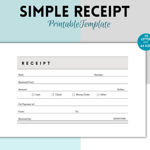 Simple Printable Receipt Form, Small Business Receipt, Sales Receipt Template for Business, Customer Receipt, Rent Receipt