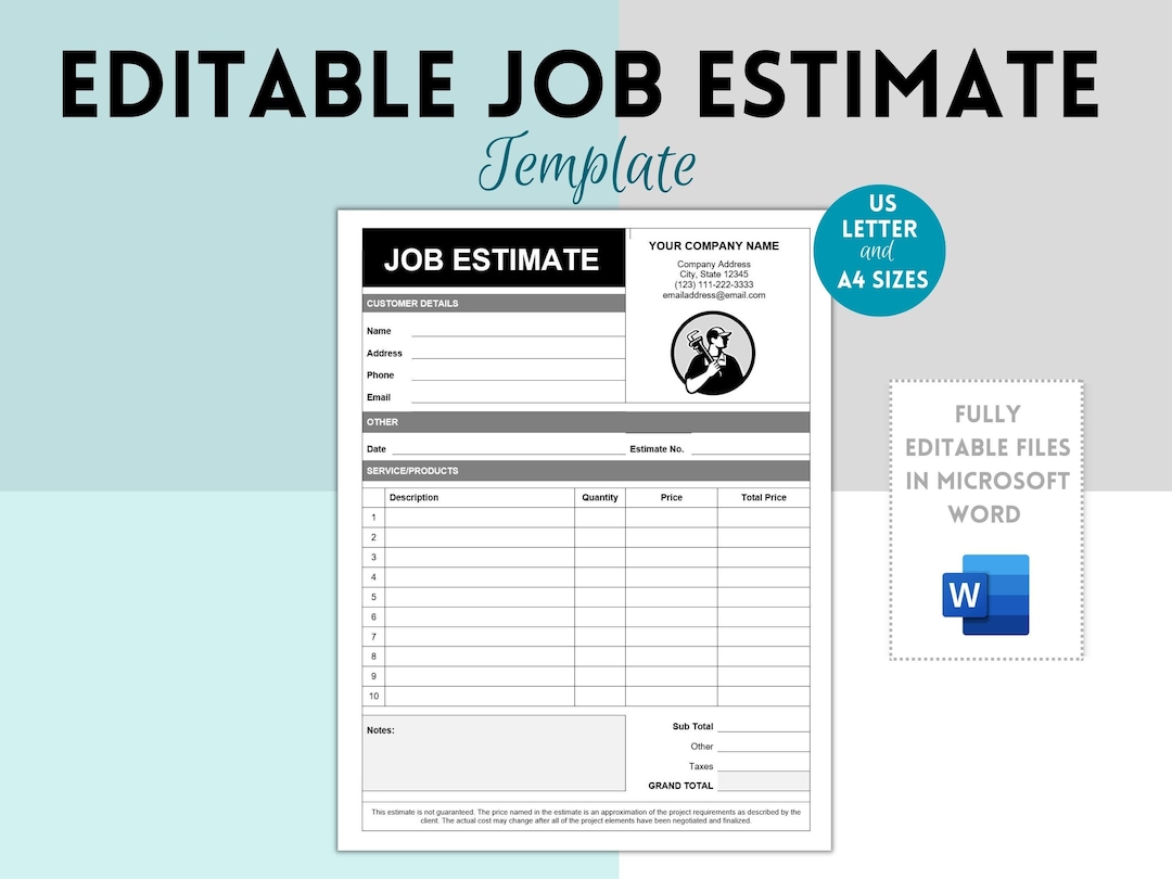 Job Estimate Template Printable Job Estimate Template Editable WORD Job Estimate Template Printable Job Estimate Template Editable WORD