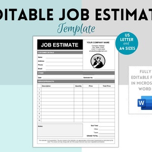 Job Estimate Template, Printable Job Estimate Template, Editable WORD Construction Bid, Contractor Proposal, Contractor Estimate, Job Quote