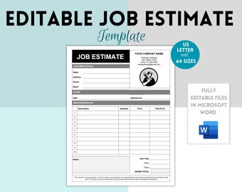 Job Estimate Template, Printable Job Estimate Template, Editable WORD Construction Bid, Contractor Proposal, Contractor Estimate