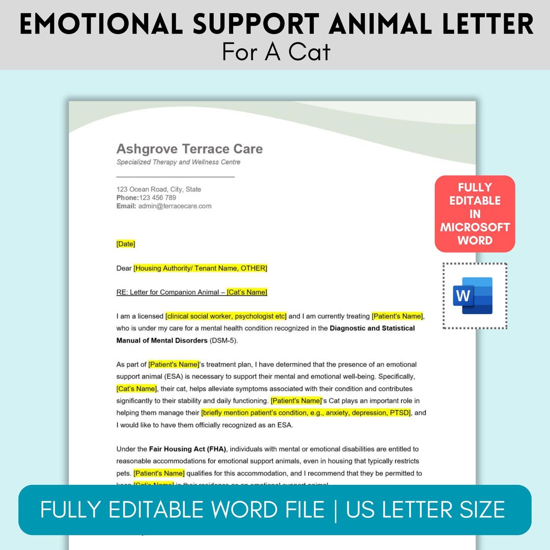 Editable Letter for Companion Animal Cat, Emotional Support Animal ...