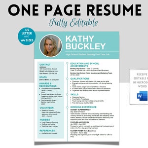 One Page Resume Template, Fully Editable Word Template, Simple modern minimalist resume, Part time job resume, High School Student Resume