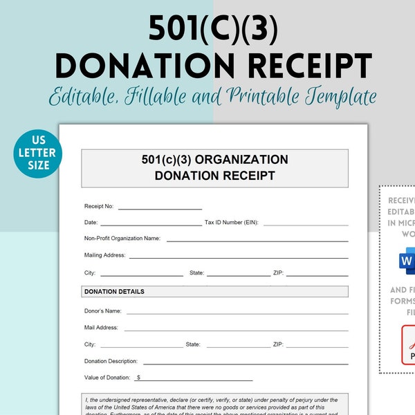 501(c)(3) Donation Receipt, 501(c)(3) Donation Receipt Template, 501(c)(3) Donation Receipt form, Editable Donation Receipt, Charity Receipt