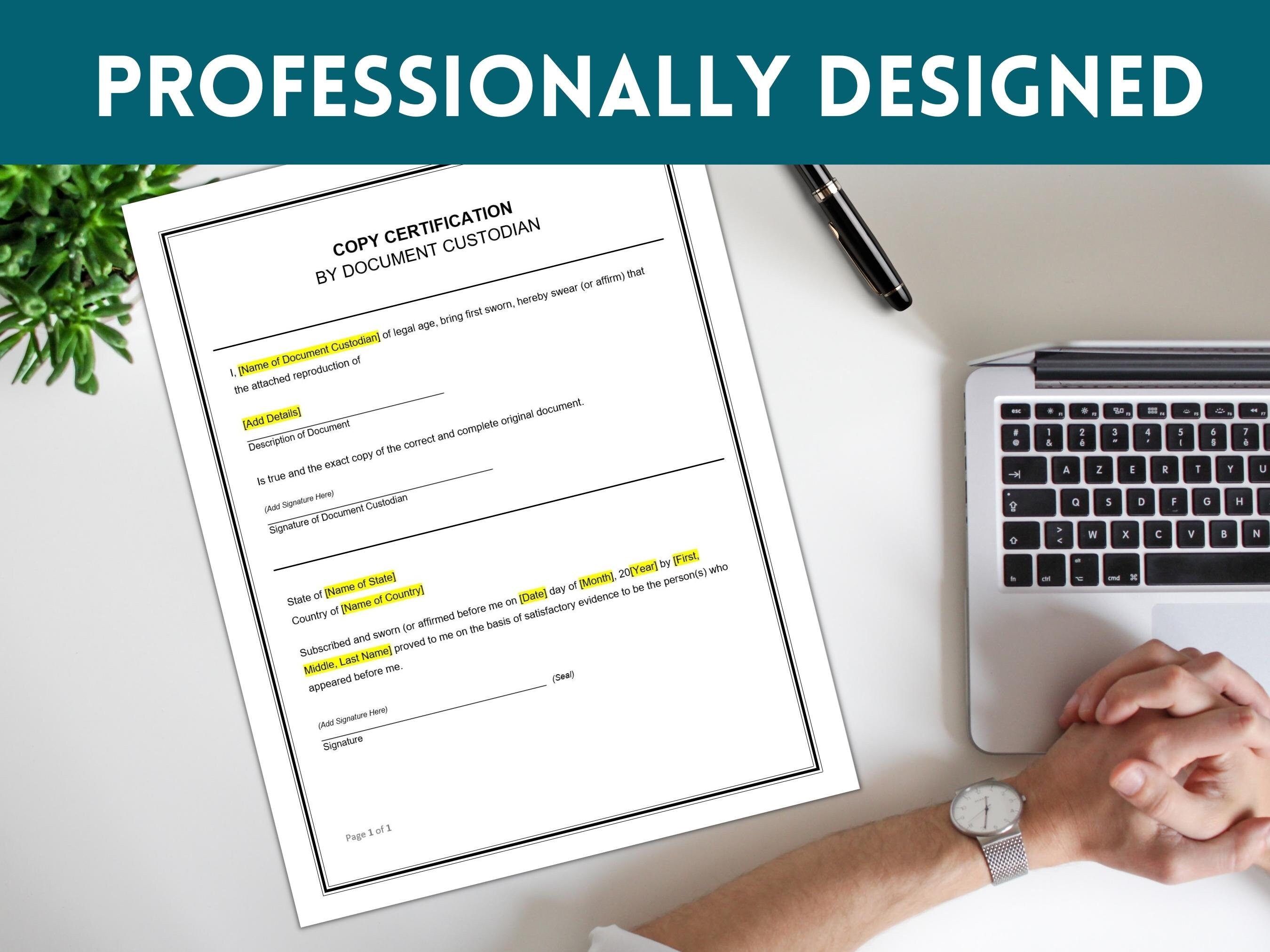 Copy Certification by Document Custodian, Certification Acknowledgement ...