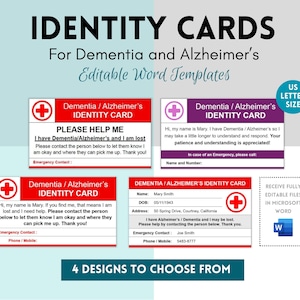 Identiteitskaart dementie Alzheimer, ID-kaart dementie Alzheimer, visitekaartje dementie Alzheimer, visitekaartje Alzheimer, medische waarschuwingskaart, medische ID