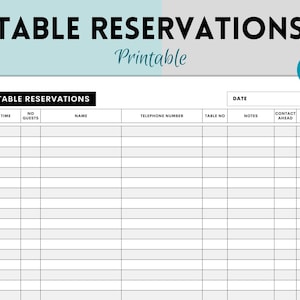 Printable Table Reservation List, Restaurant Table Reservation Form, Restaurant Reservation Sheet, Restaurant Booking