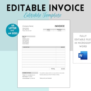 Simple Invoice Template word, Modern and Professional Invoice,  Business Invoice, Customizable and Printable, Modern Billing Form