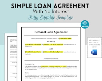 Simple Personal Loan Agreement Template, Personal Loan Contract,  Family Loan Form, Agreement Contract, Editable Word Template