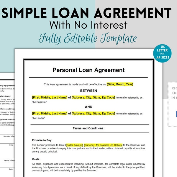 Simple Personal Loan Agreement Template, Personal Loan Contract,  Family Loan Form, Agreement Contract, Editable Word Template