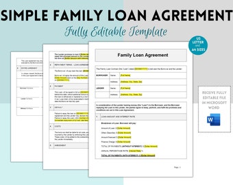 Simple Family Loan Agreement Template, Family Loan Contract,  Family Loan Form, Agreement Contract, Editable Word Template