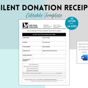 Silent Auction Donation Receipt Form, Printable for Charity Fundraising, Nonprofit Donation Receipt, Auction Receipt Template