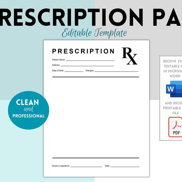 Prescription Pad Template, Rx Prescription Notepad Template, Prescription Form, Doctor Prescription Sheet, Microsoft Word Template