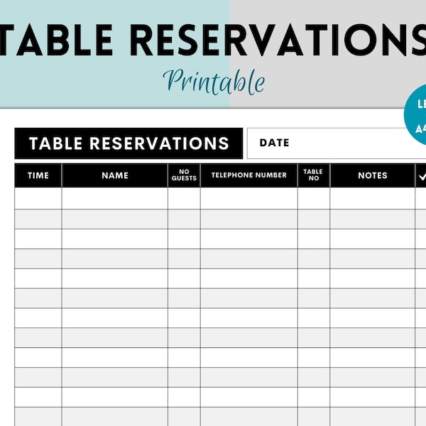 Printable Table Reservation List, Restaurant Table Reservation Form, Restaurant Reservation Sheet, Restaurant Booking