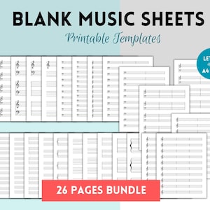 Printable Music Sheet, Piano staff paper, Blank Sheet Music Printable, Blank Staff Paper, Blank Music Paper, Music Notes Bundle A4 US Letter