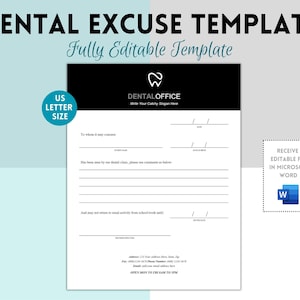 Nota del dentista, carta del dentista, excusa del dentista, nota del médico, carta del médico, certificado médico, plantilla digital editable