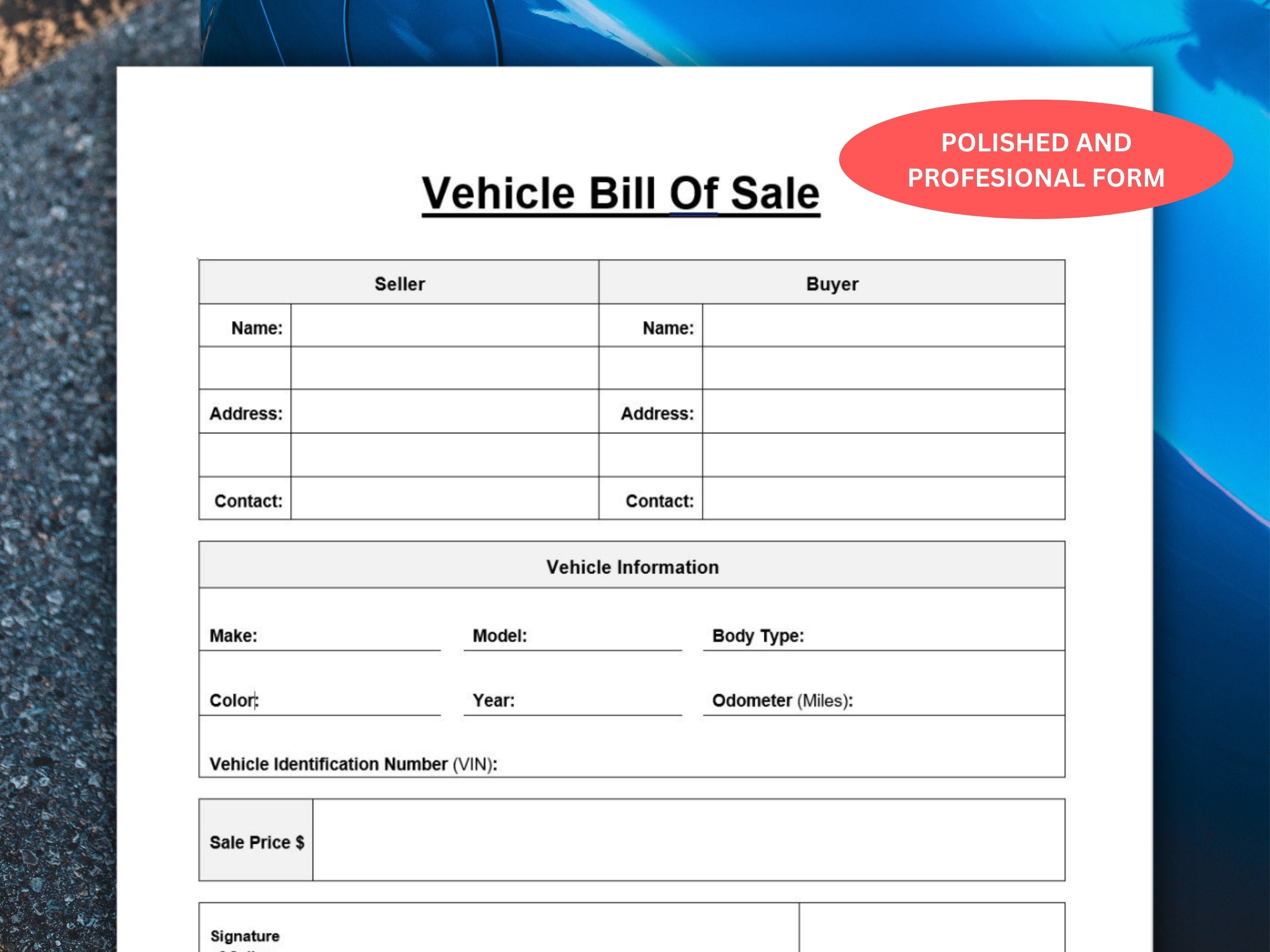 Vehicle Bill of Sale, Vehicle Sale Form, Car Sale Form, Form, Motor ...