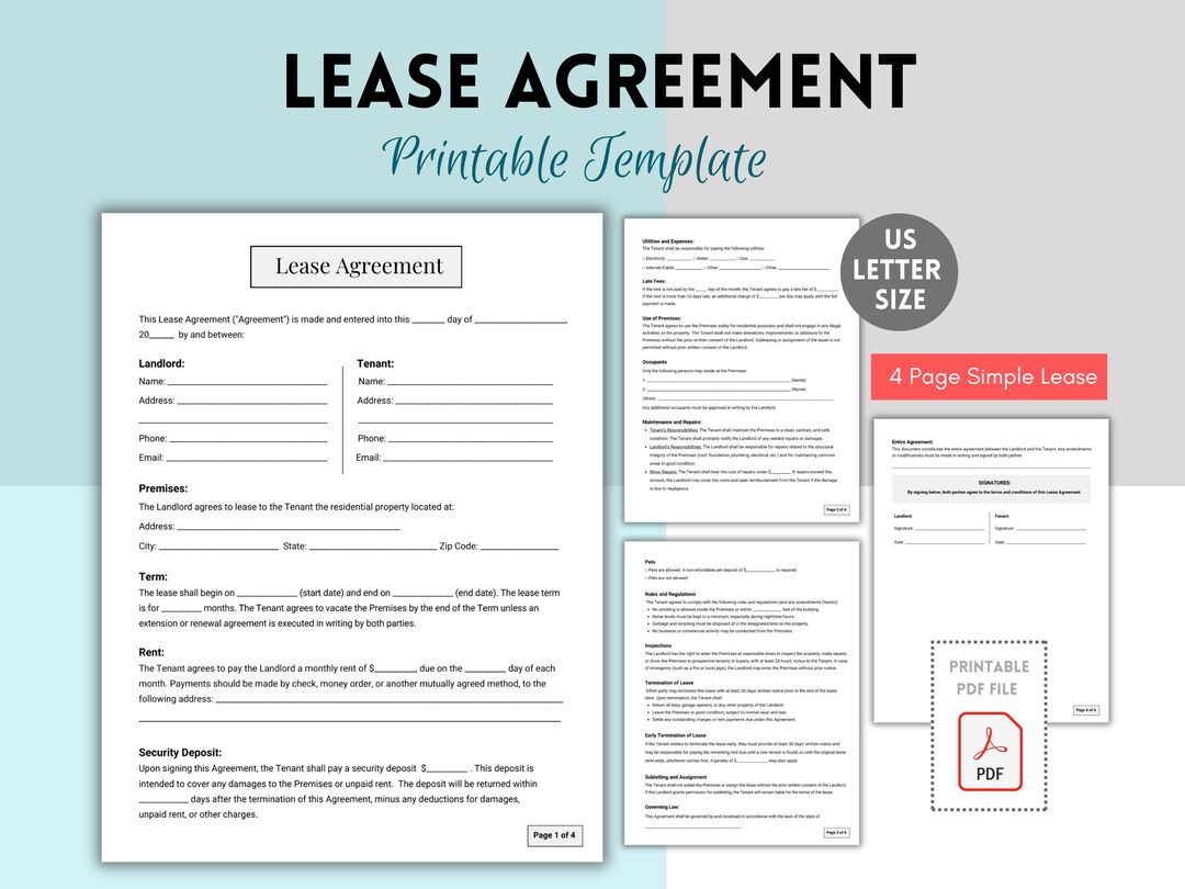 Simple Lease Agreement, Rental Agreement, Lease Contract, Residential ...