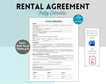 Simple one page lease agreement, Basic rental agreement, lease contract, residential lease, contract agreement