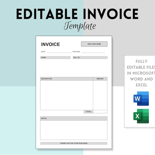 Invoice Template, Microsoft WORD and EXCEL, Modern and Professional Invoice,  Business Invoice, Customizable and Printable