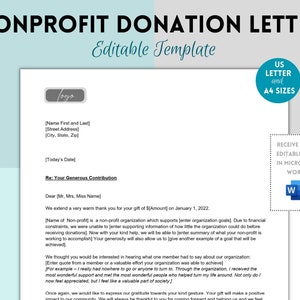 Plantilla de carta de agradecimiento de donación sin fines de lucro, recibo de impuestos con reconocimiento, plantilla de carta de donante, carta de recaudación de fondos