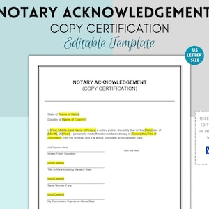 Certification Notary Acknowledgement Form, Notary Acknowledgement, Simple Letter, Word Template, Notarization Template, Copy Certification