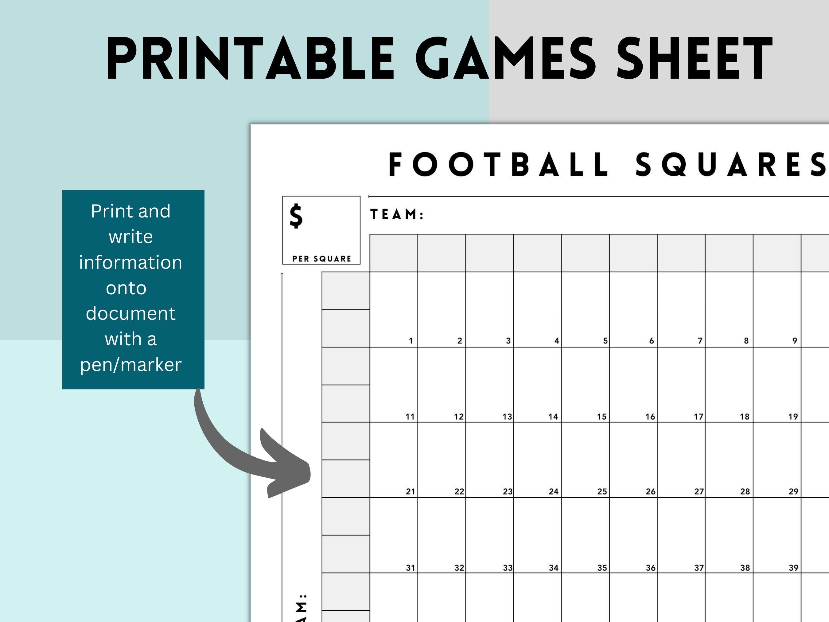 Printable 50 Football Squares, Football Fundraiser, Football Betting ...