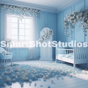 1 x ブルーのかわいいマタニティフラワーデジタル背景、デジタルバックドロップ、男の子用背景オーバーレイ、スタジオ背景、Photoshop ファインアートテクスチャ