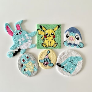 Pikachu Coasters, Piplup, Hatenna, Squirtle and Wynaut Mug Rug, Punch Needle Decoration, Home and Game Room Decor, Valentines Day Gift Idea