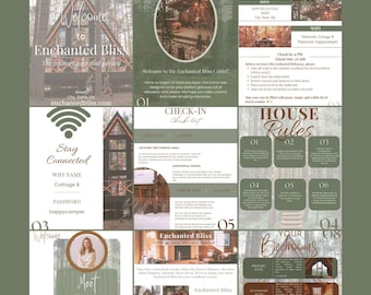 Könnte beinhalten: Eine digitale Airbnb-Hausvorlage mit Waldthema. Die Vorlage enthält Seiten für Willkommen, Check-in/out, Hausregeln, Schlafzimmer und WLAN-Informationen. Der Text lautet "Enchanted Bliss" und "The getaway your soul needed."