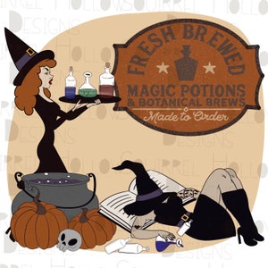 May include: A cartoon illustration featuring witches and potions. One witch holds a tray of bottles, while another relaxes with a book. The image includes pumpkins, a skull, and a sign that reads "Fresh Brewed Magic Potions & Botanical Brews Made to Order."