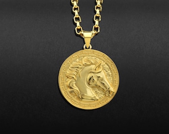 Horse Medallion Necklace in Solid Gold, Animal Coin Necklace in 14K Yellow Gold, Solid Gold Charm For Son, Lucky Pendant