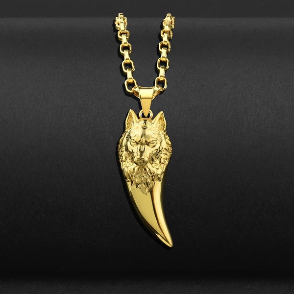 Wolf Head on Wolf Tooth Solid Gold Pendant Necklace, Strength Necklace in 14K Yellow Gold, Unique Necklace in Real Gold