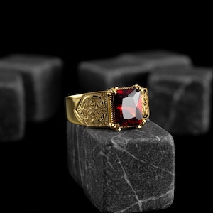 Red Ruby Statement Ring Men with Fleur De Lis in 21K Gold, Victorian Engraved Mens Ruby Ring in 14K Gold, Wedding Men Ring, Anniversary Gift