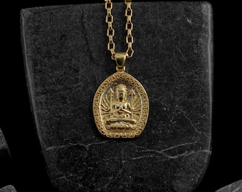 Buddha statue medallion necklace in 14k solid gold, Buddhist necklace in real gold, Spiritual necklace in solid gold, Gift for mom or sister