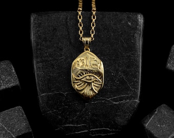 Gold Egyptian Horus Eye Pendant Necklac, Handcrafted 21K Solid Gold Mythology Jewelry, Unique Horus Eye Gold Necklace for Men and Women