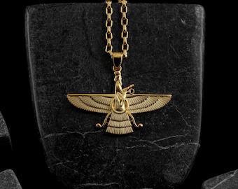 Faravahar pendant necklace in 14k yellow gold, Ahura mazda charm necklace in solid gold, Persian zoroastrian pendant, Gift for wife or mom