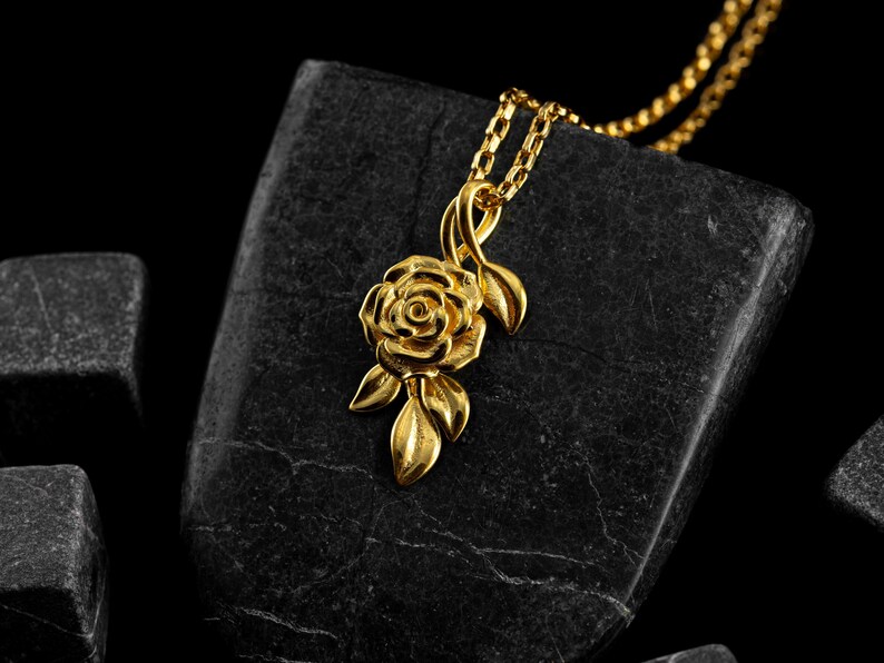 10K Gold Rose Flower With Leaf Necklace, Handmade Solid Gold Bohemian ...