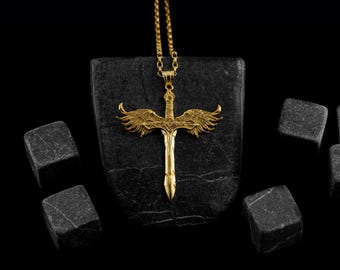 14K Solid Gold Saint Michael Sword Necklace for Men, Archangel Blade Pendant in Gold, Faith Engraved Gold Pendant, Gold Gift for Boyfriend