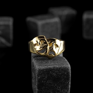 Theater Comedy and Tragedy Masks Gold Ring, Theater Mask Gold Ring Jewelry, Duel Faced Theater Mask Gold Men Ring, Anniversary Birthday Gift