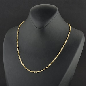 May include: A gold-colored chain necklace displayed on a black mannequin. The necklace is a simple, delicate design with small, evenly spaced links. The background is a solid black, highlighting the jewelry.