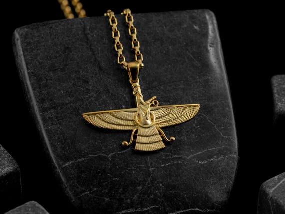 Faravahar Pendant Necklace in 14k Yellow Gold, Ahura Mazda Charm