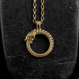 Ouroboros dragon men charm pendant necklace in real gold, solid gold ouroboros snake charm necklace, Occult necklace for son, Gift for mam