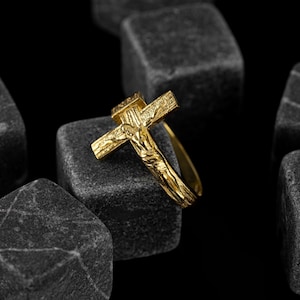 Jesus Christ Crucifix Cross Christian 14K Solid Gold Band Ring, Religious Gold Wedding Ring with Jesus, Catholic Gold Gift Jewelry for Men