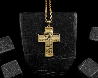 Collar de crucifijo de oro de 14 quilates con Jesús para hombres, colgante de cruz de Cristo Jesús, joyería de Jesús en la cruz de oro fiel, regalo religioso católico para hombres