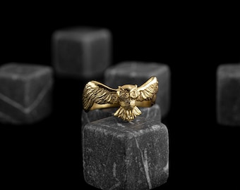 18K Solid Gold Owl Band Ring for Men or Women, Animal Lover Gold Rings, Gift Gold Ring for Mom, Luxury Animal Gold Jewelry, Birthday Gift
