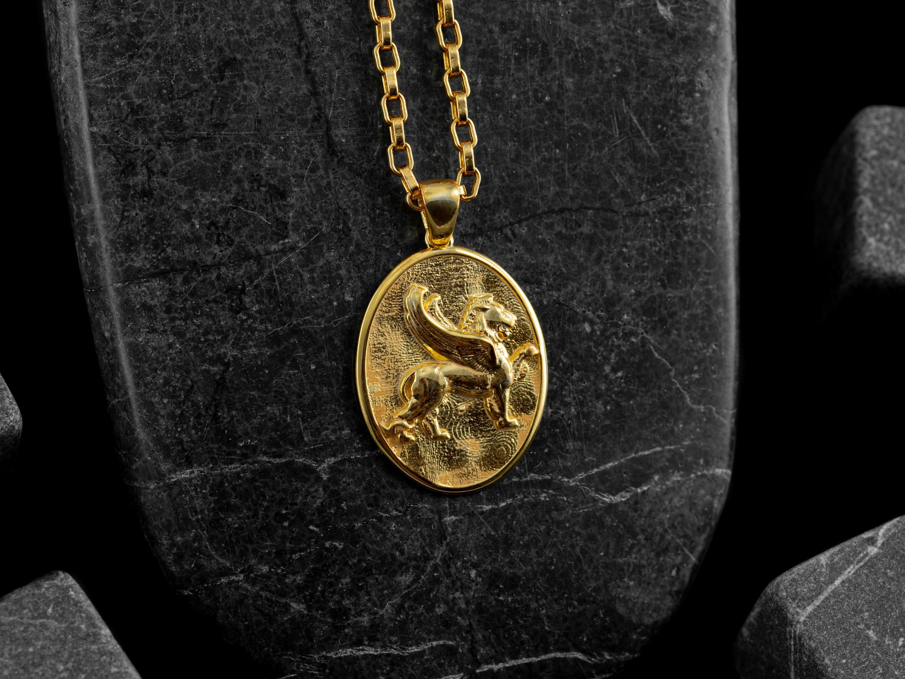 Lion of Saint Mark 14k Yellow Gold Necklace, Winged Lion Solid Gold ...