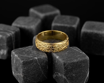 Sakura Flower Band Ring in 14K Solid Gold, Japonese Art Band Ring with Sakura Flowers, Sakura Flower Band, Japanese Oriental 8K Gold Jewelry