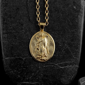 Achangel gabriel religious medal necklace in 21k solid gold, Saint gabriel 14k solid gold charm pendant for family, christian gold necklaces
